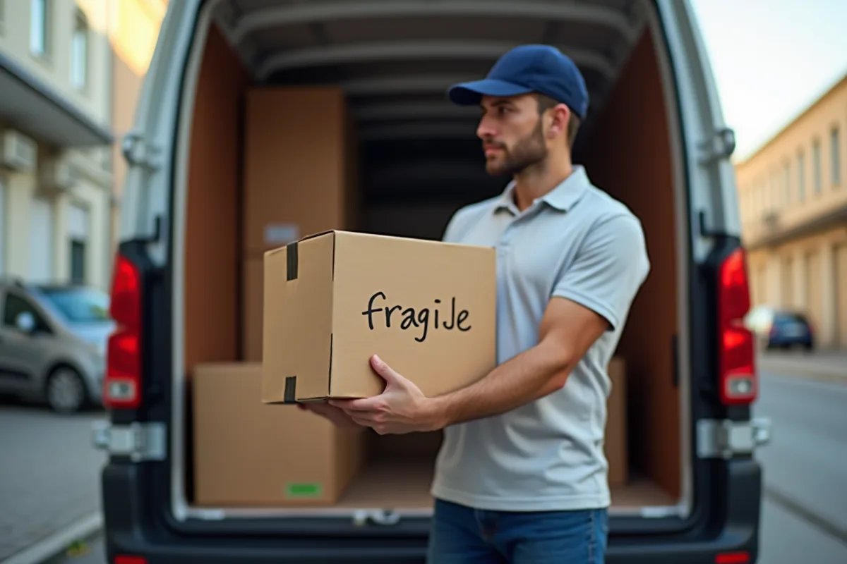 Livreur professionnel dépose un colis fragile dans une camionnette ensoleillée