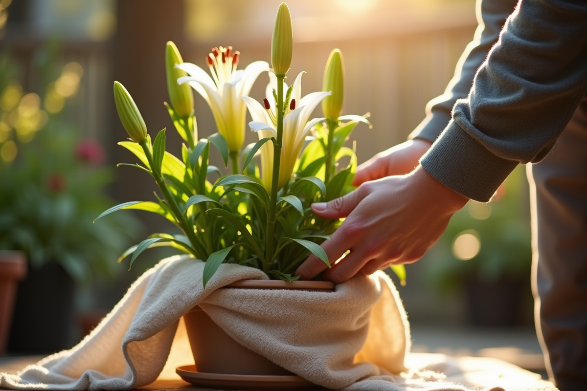 Main protégeant un lys en pot avec tissu horticole au soleil