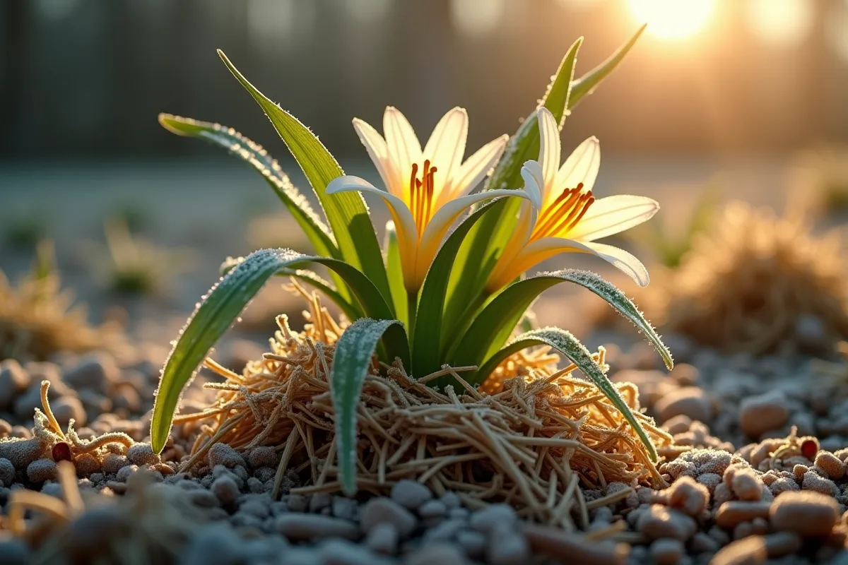 Lys dans un jardin recouvert de paillis et de fleece avec gelée matinale