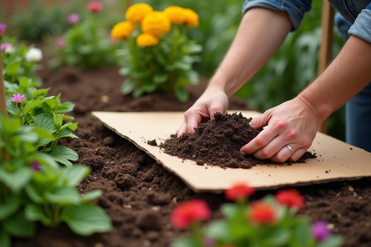 Mains utilisant du carton recycle pour pailler un lit de jardin urbain