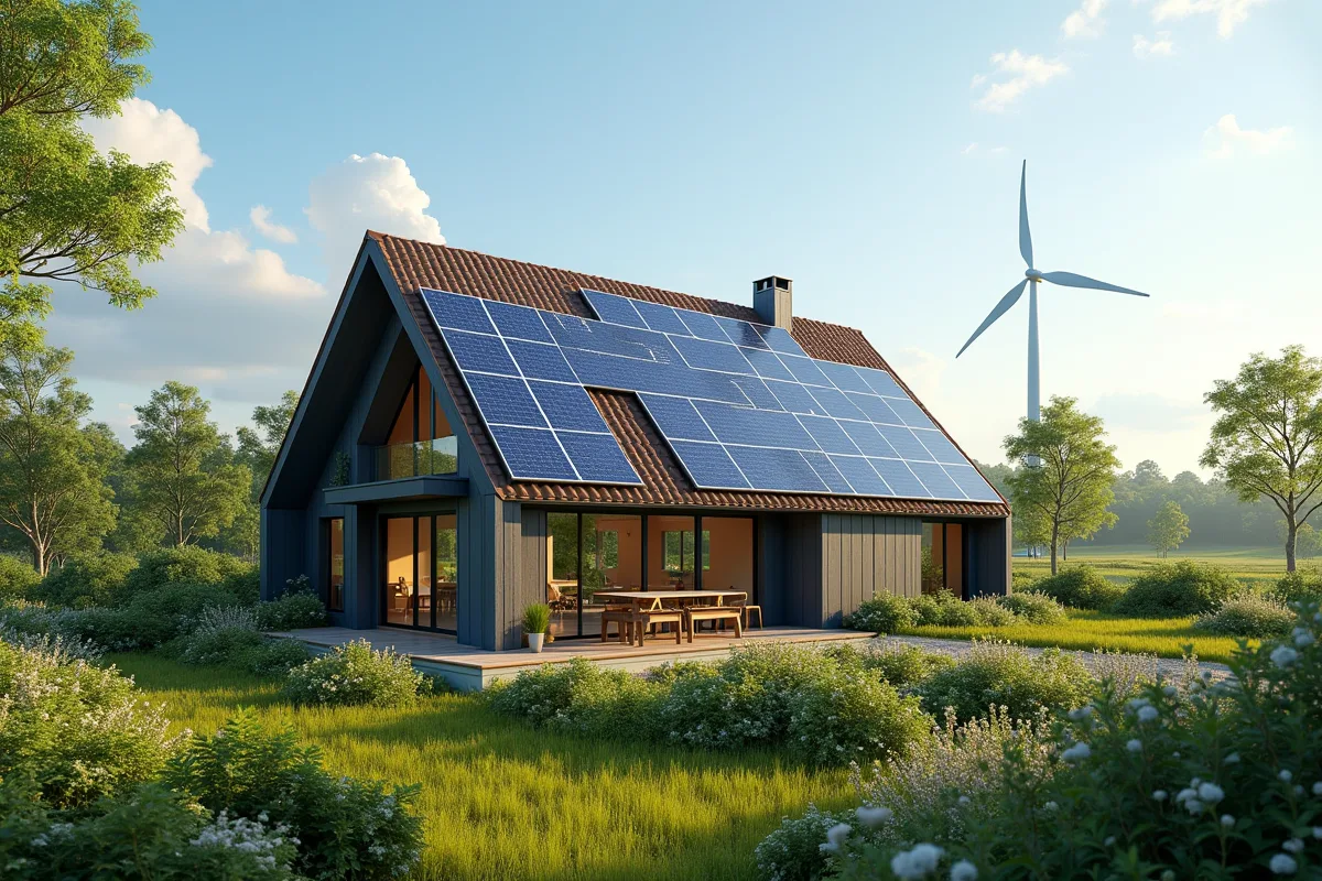 Maison autonome avec panneaux solaires et jardin permaculture