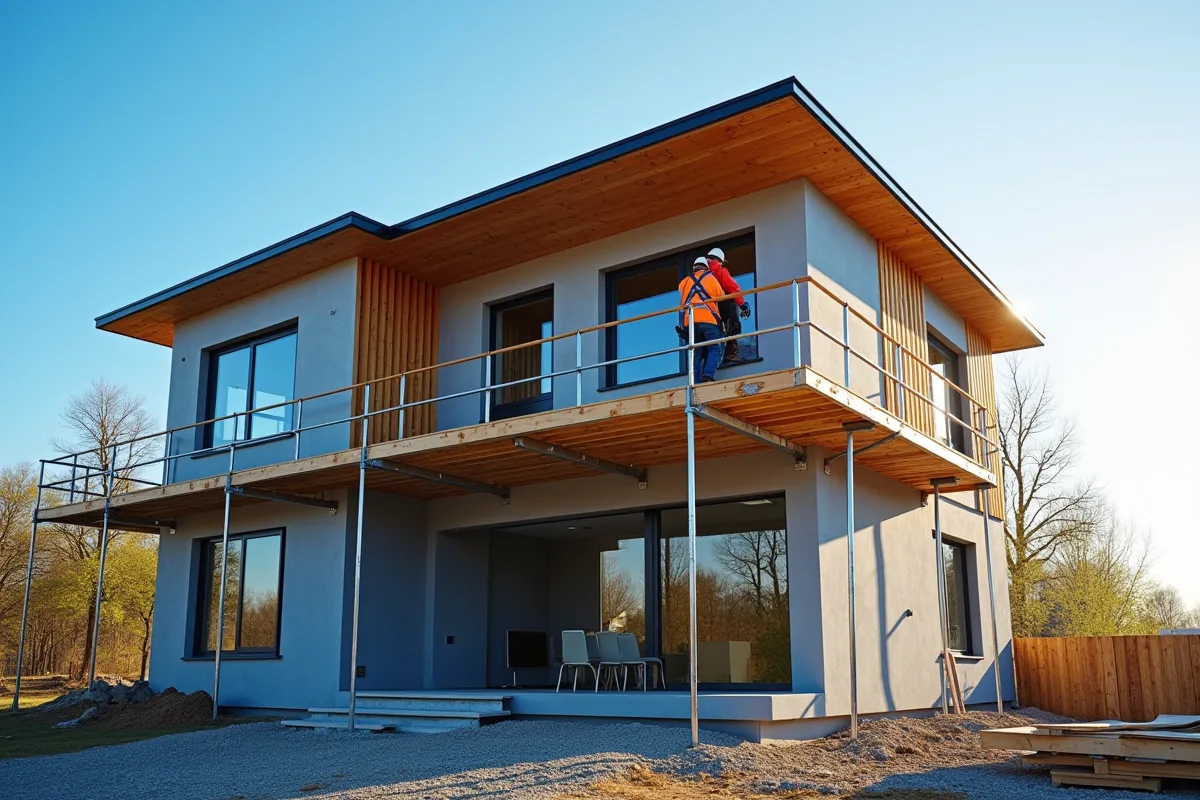 Maison moderne en construction avec échafaudage et ouvriers