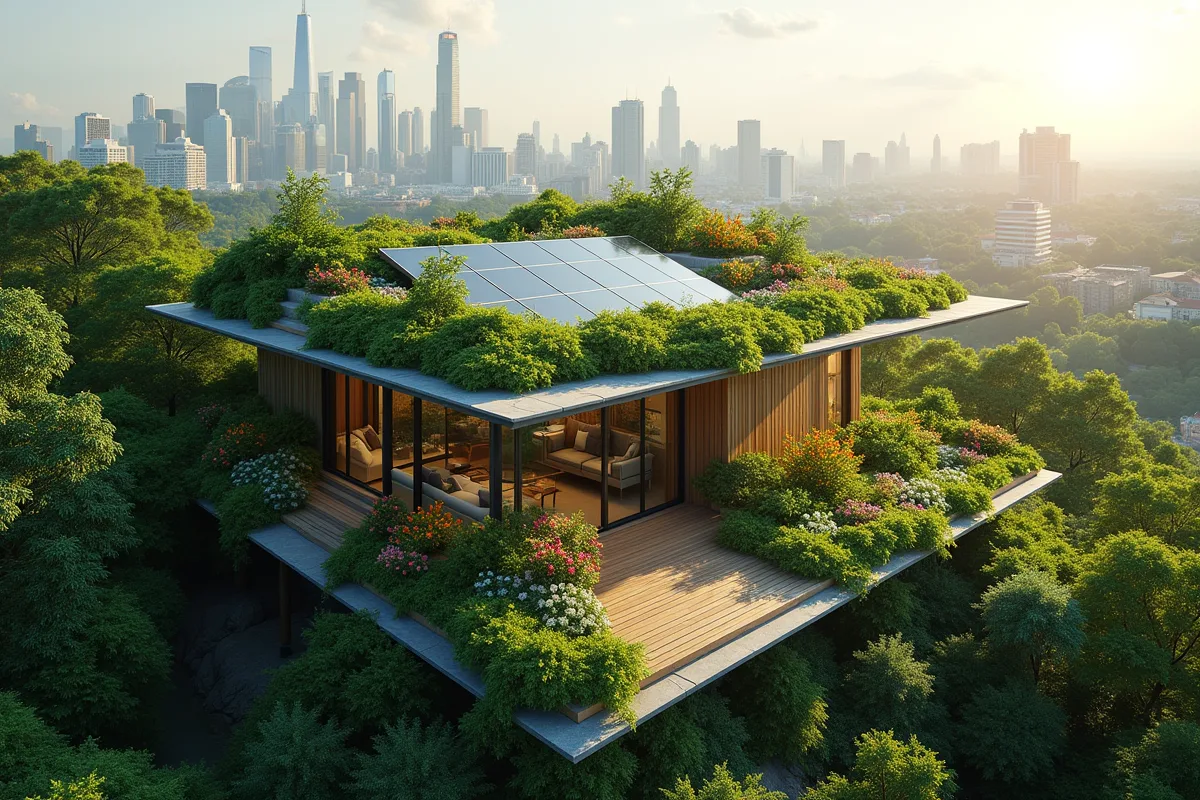 Maison moderne avec toit végétal ensoleillé et skyline