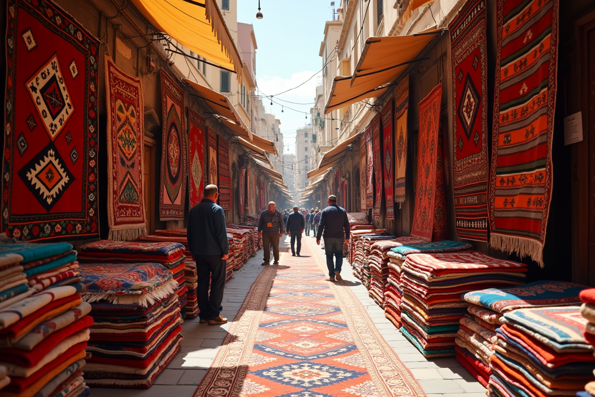 Marché artisanal avec tapis marocains colorés et détails visibles