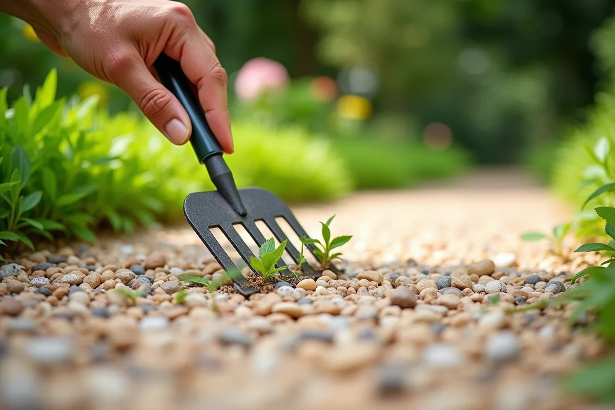 Main de jardinier nettoyant un chemin de gravier lumineux