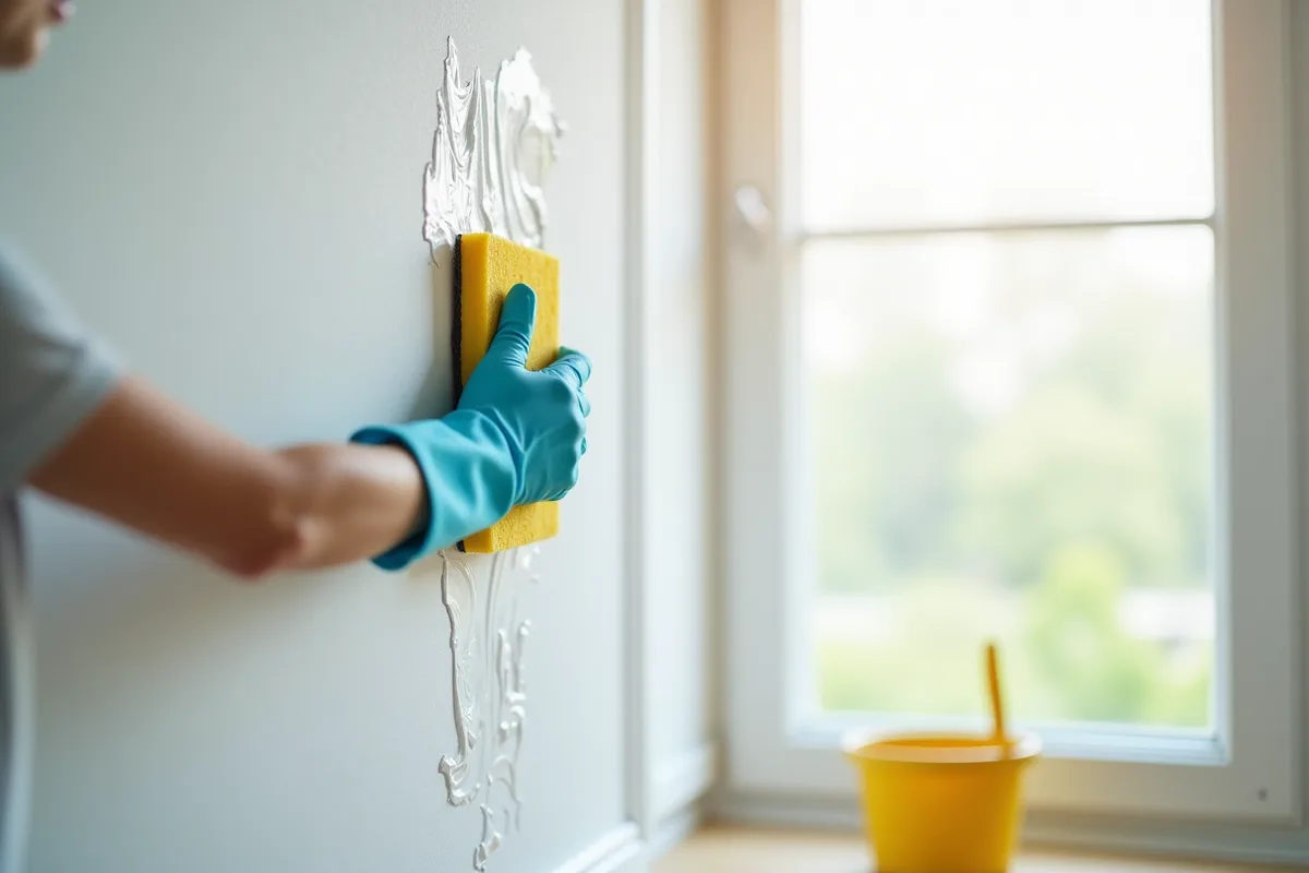 Personne nettoyant un mur blanc intérieur avec une éponge et seau