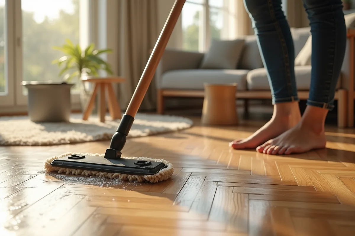Personne nettoyant un parquet avec une mop en fibres naturelles