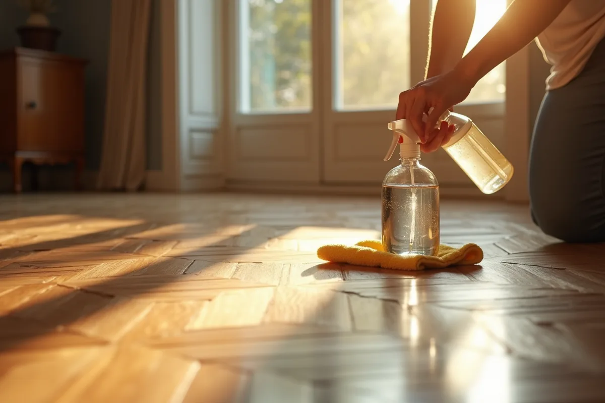 Personne utilisant une solution vinaigre eau pour nettoyer un parquet