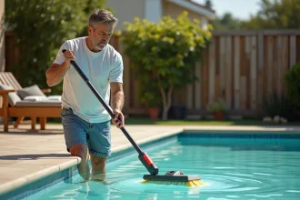 Homme d'âge moyen nettoyant une piscine avec une brosse longue