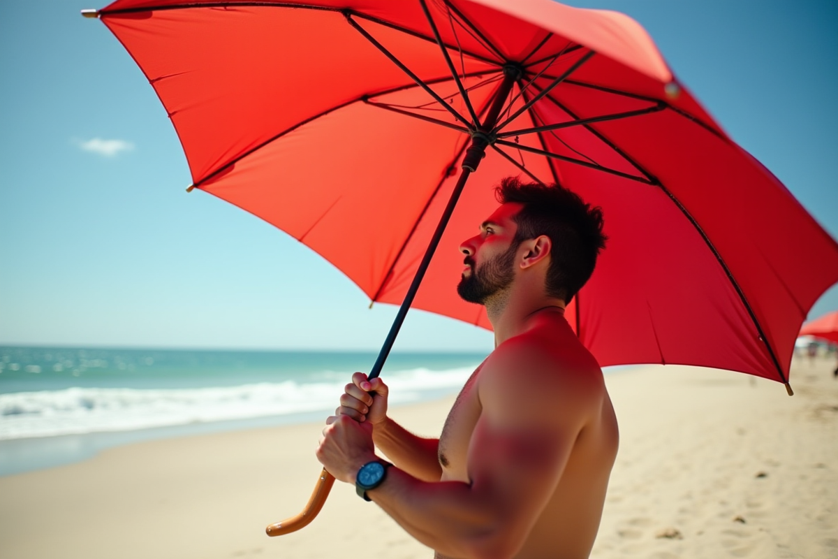 Homme testant un parapluie rouge sur la plage