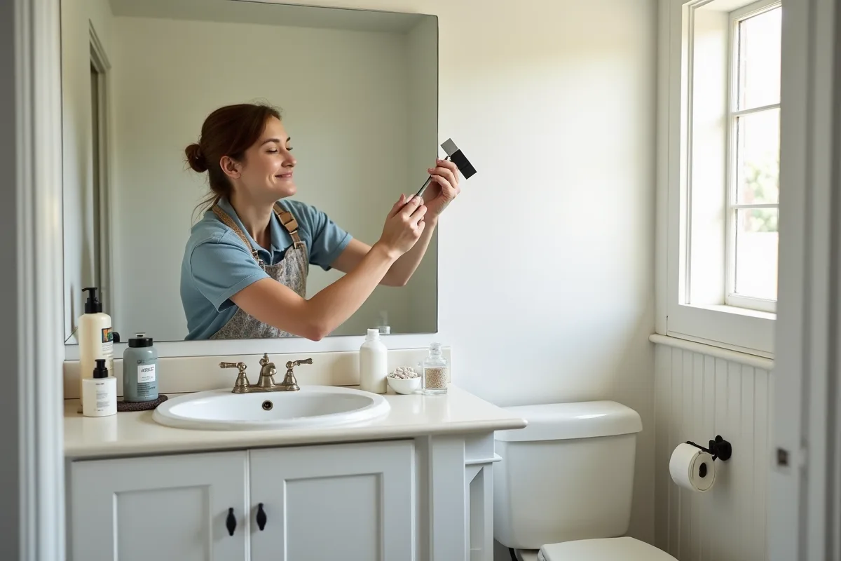 Personne peignant des meubles de salle de bain blancs