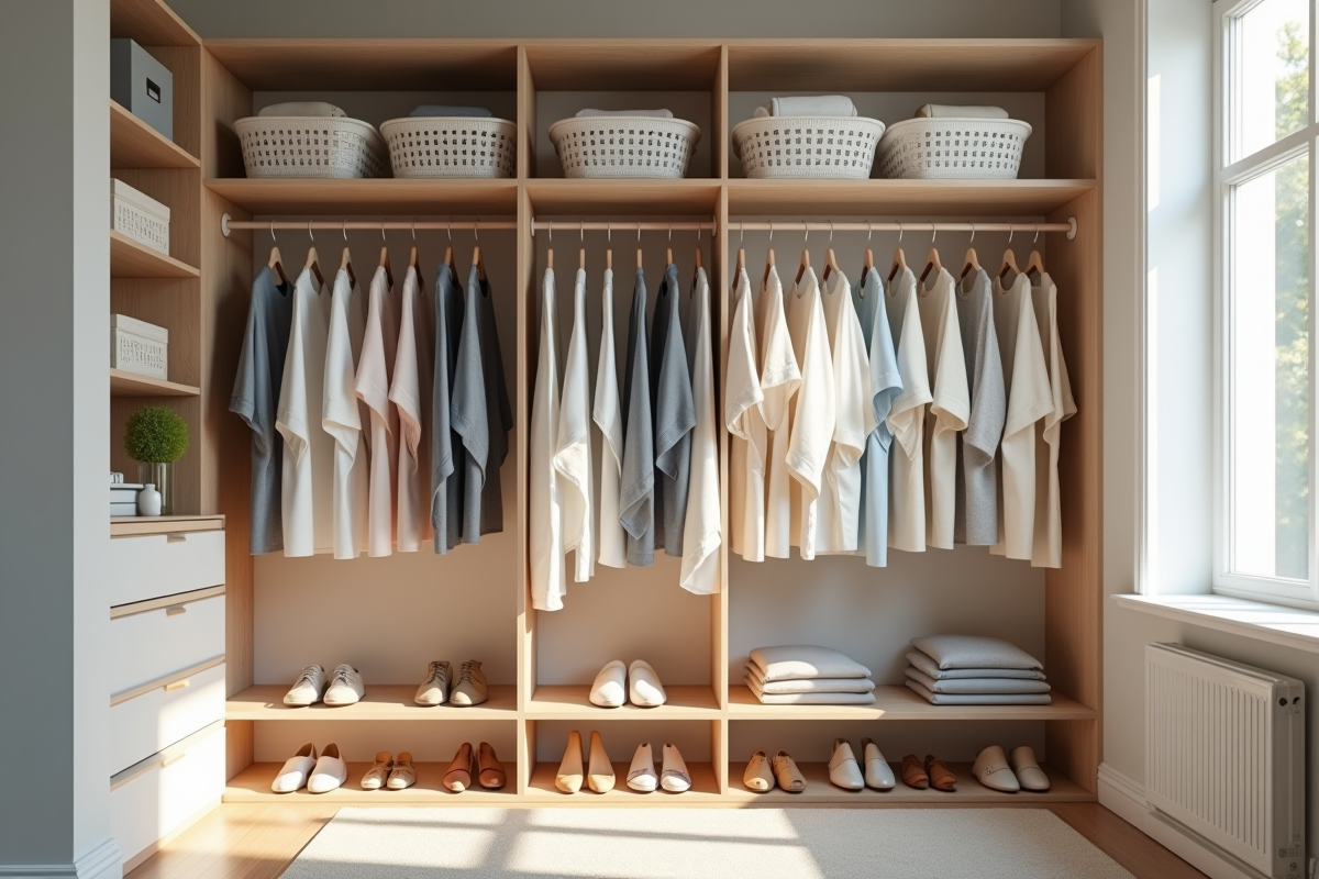 Penderie avec vêtements triés par couleur et baskets en ordre
