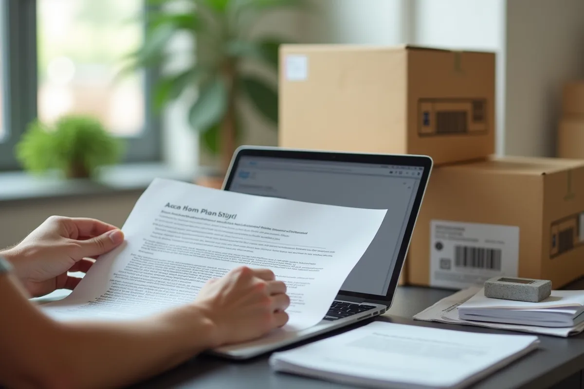 Personne travaillant à un bureau moderne avec documents et déménagement