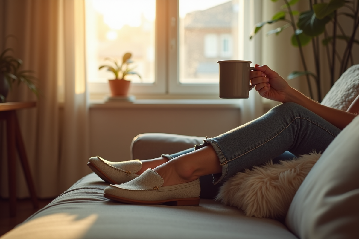 Personne portant des chaussons stylés dans un intérieur chaleureux