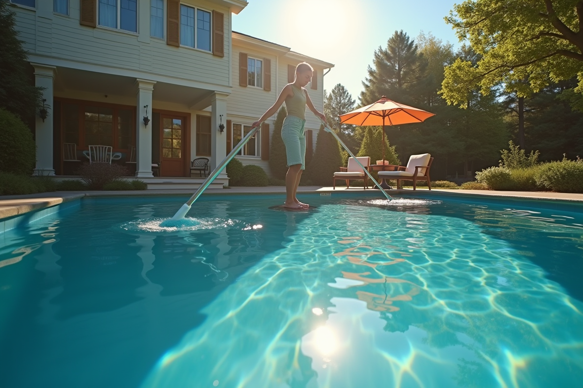 Personne nettoyant fond de piscine avec une perche