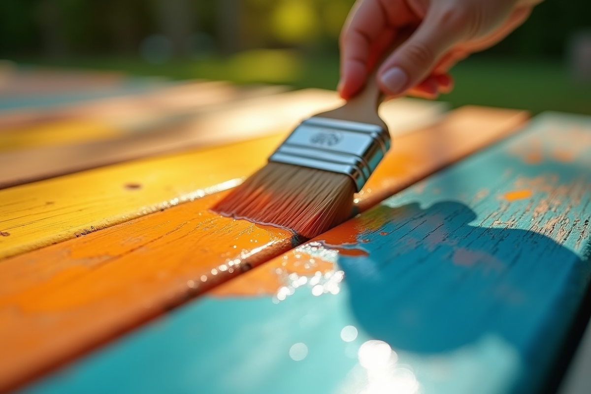 Zoom sur un pinceau appliquant un saturateur brillant sur une table en bois