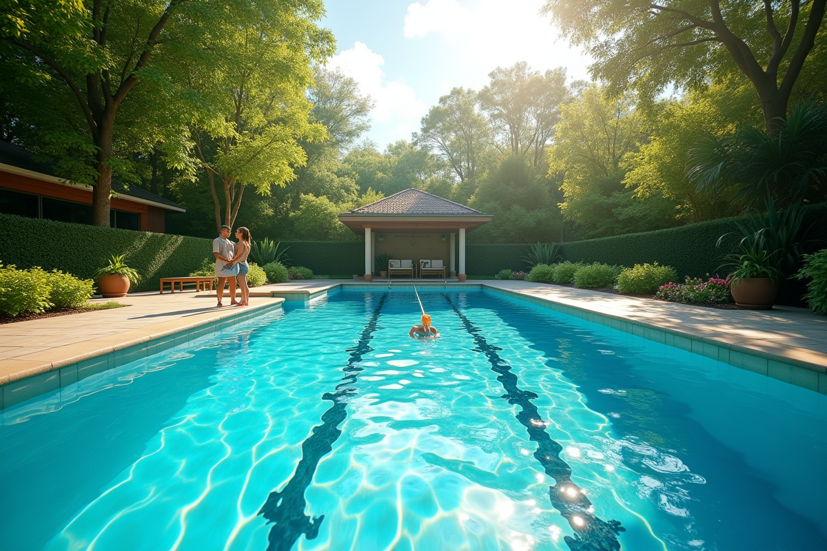 Piscine extérieure entourée de verdure avec nageur prêt à plonger