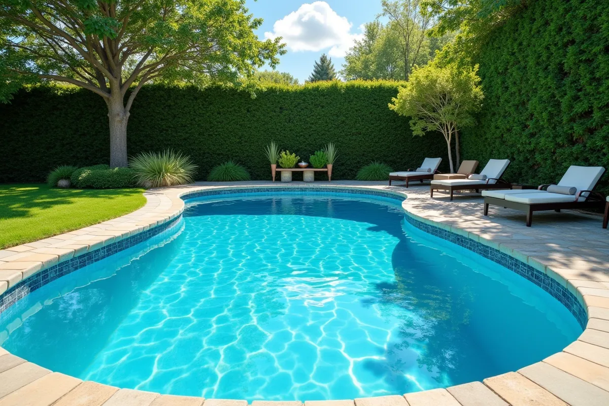 Piscine hors-sol avec eau bleue claire sous un ciel ensoleille
