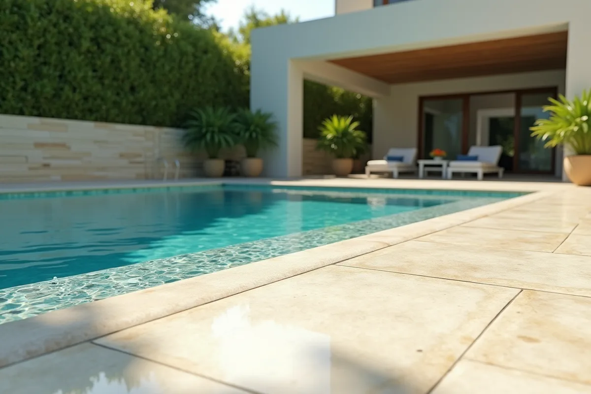 Piscine moderne avec travertin lumineux et reflets