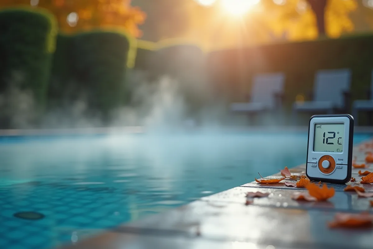 Piscine moderne couverte de brume automnale avec thermometre