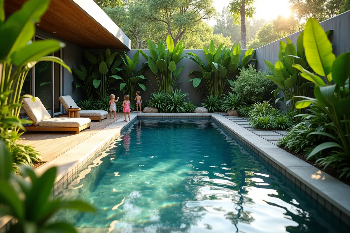 Piscine naturelle extérieure avec enfants et plantes vertes