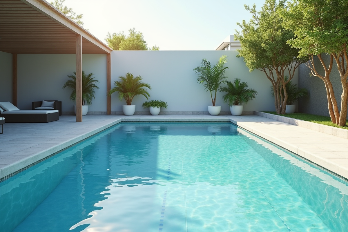 Piscine extérieure vide avec marquages de profondeur et plantes