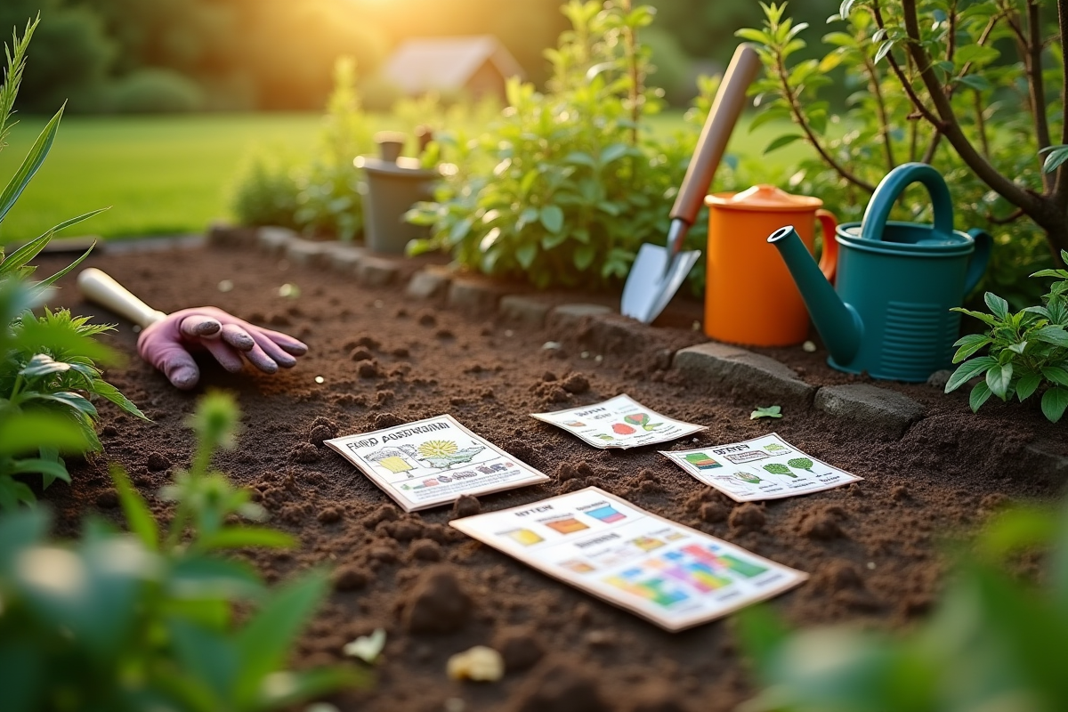 Étapes de préparation du jardin avec outils et semences au soleil
