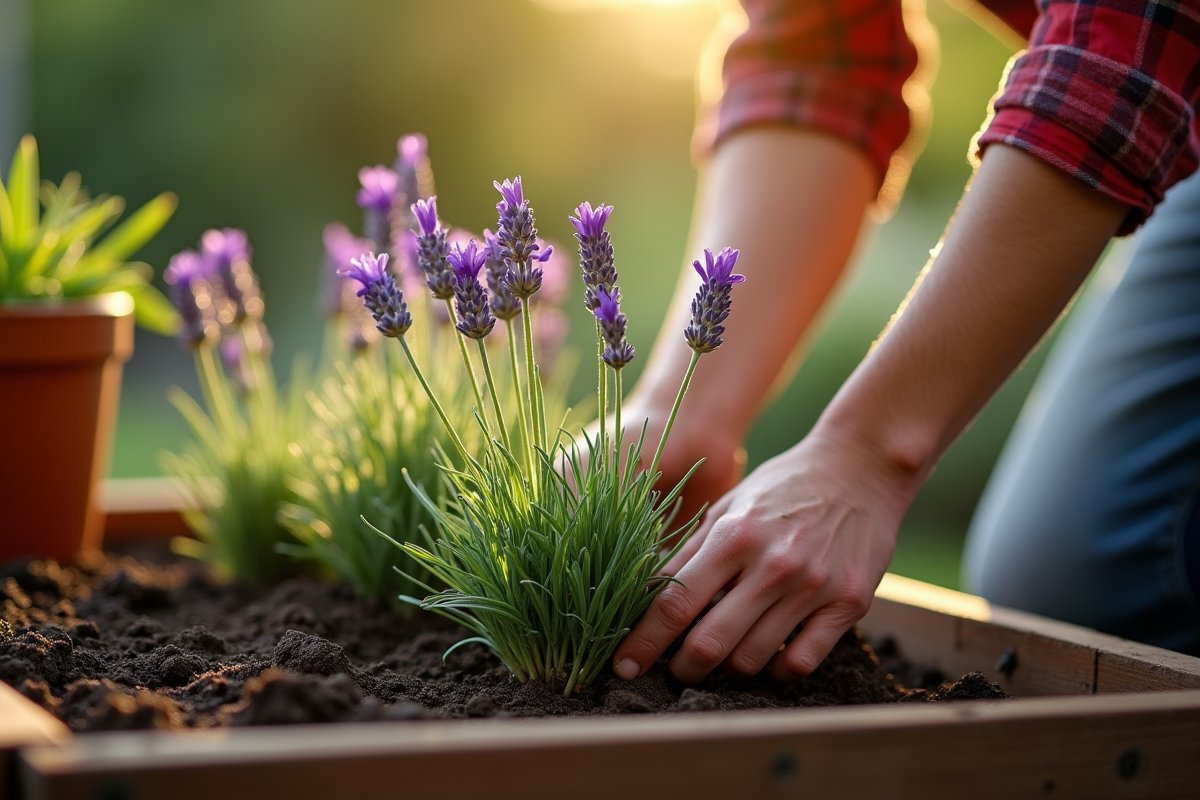 Jardinier plantant de jeunes lavandes au matin
