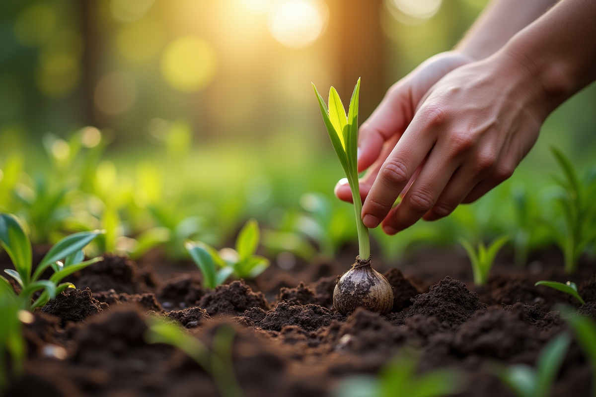 Main plantant une graine de lys dans le sol du jardin