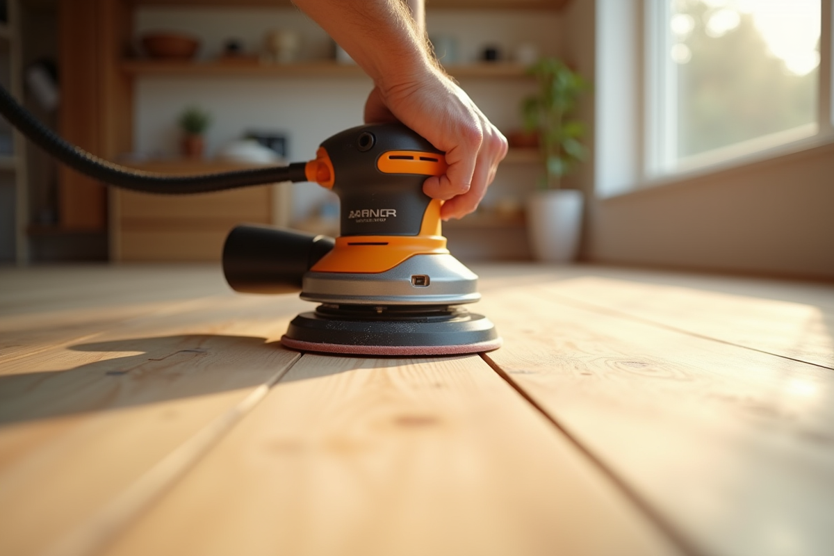 Sableuse électrique ponçant un sol en bois lumineux