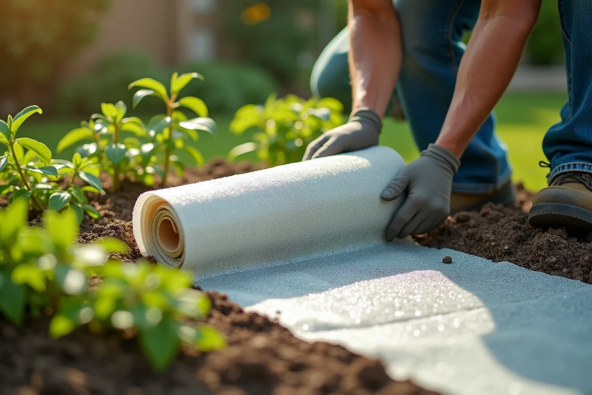 Jardinier déployant un géotextile sur un massif de fleurs avec jeunes pousses