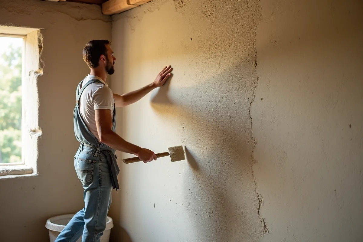 Artisan appliquant un enduit chaux sur mur en chanvre