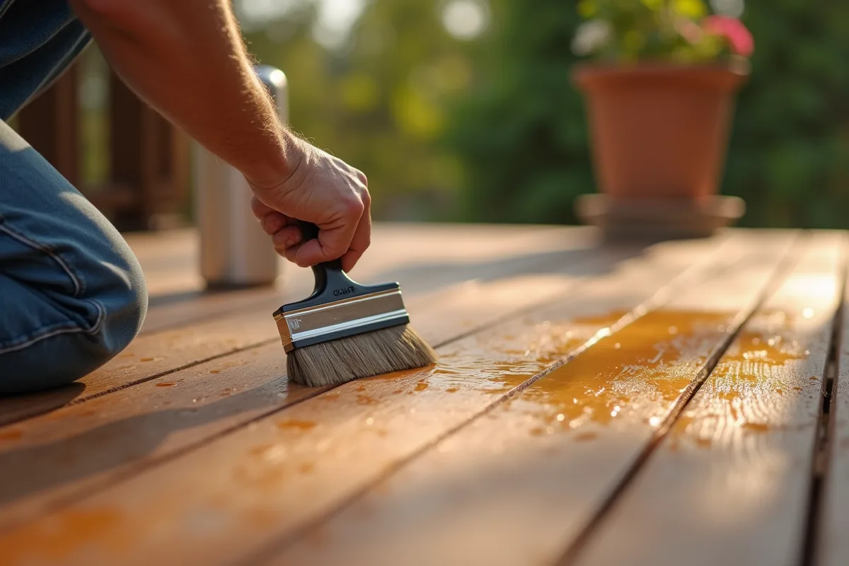 Artisan appliquant une couche de saturateur sur une terrasse en bois