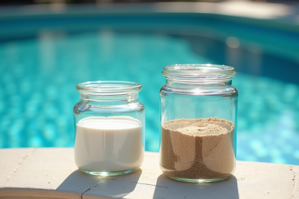 Deux bocaux avec sable blanc et media de filtration au bord de la piscine