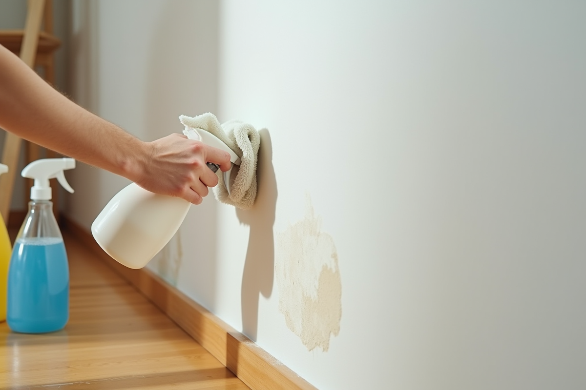 Mains utilisant un spray et chiffon pour nettoyer un mur avant peinture