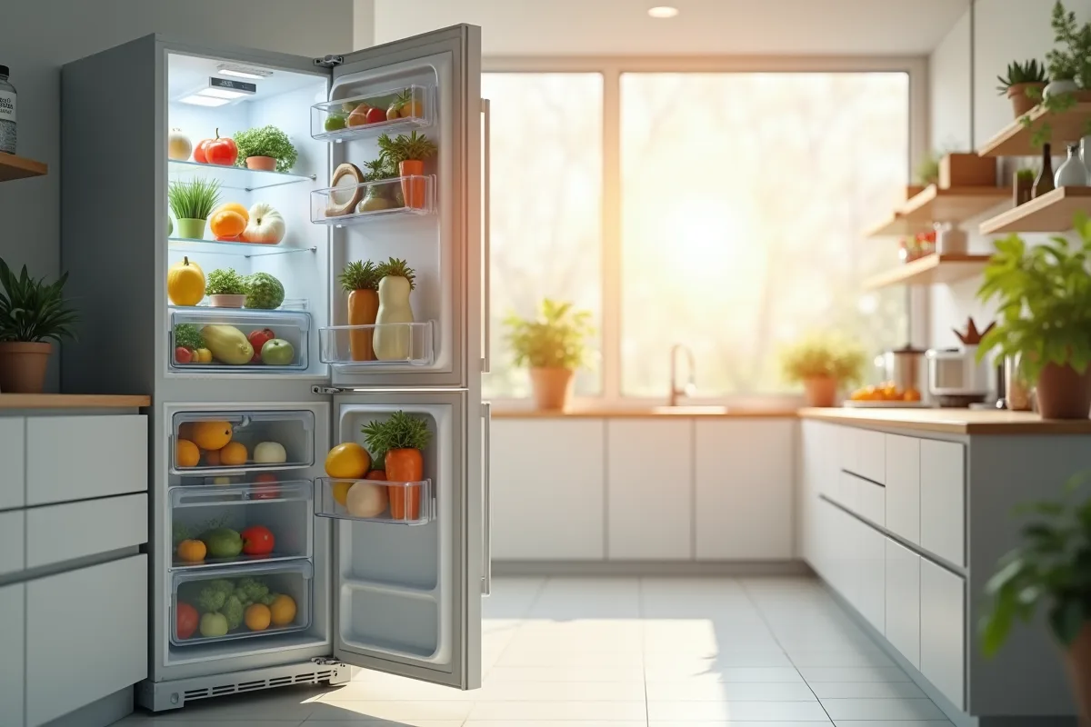 Réfrigérateur moderne ouvert dans une cuisine lumineuse et minimaliste
