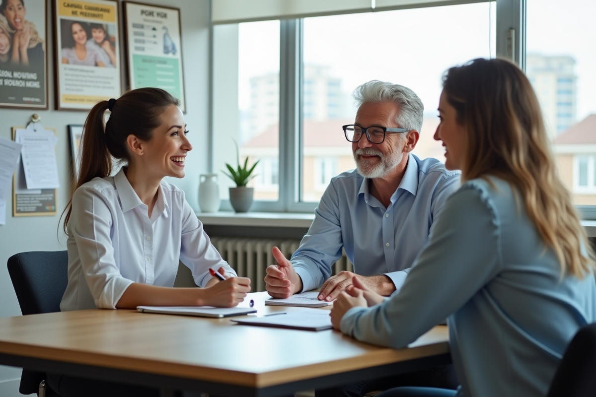 Couple rencontrant un conseiller immobilier dans un bureau lumineux