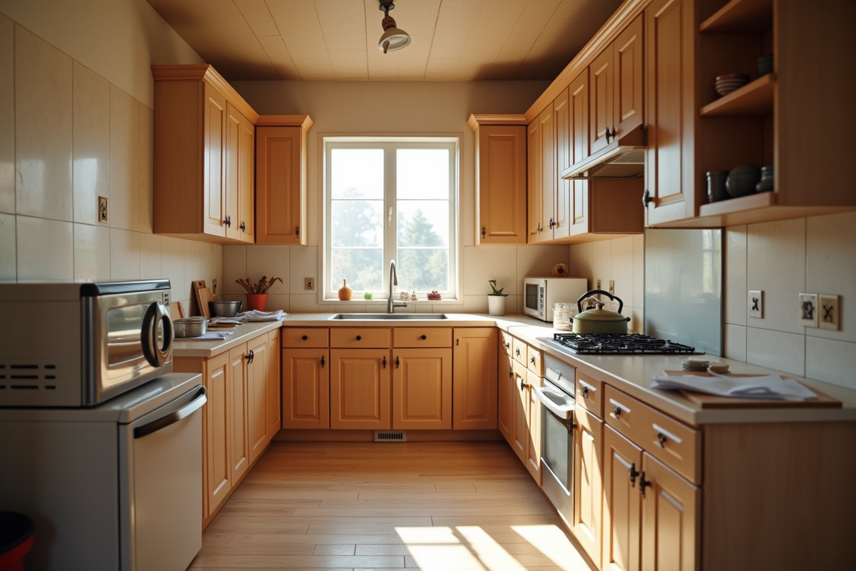 Travaux de rénovation de cuisine avec ouvriers et matériaux