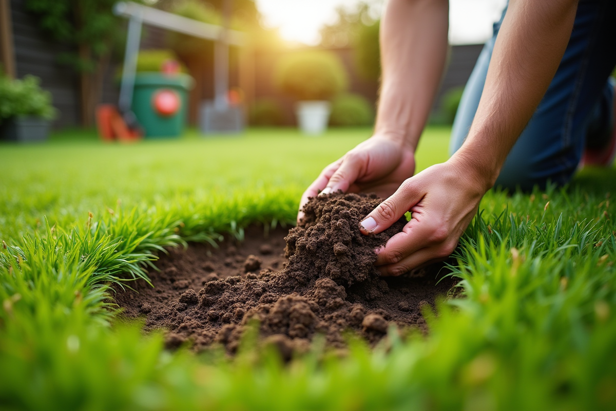 Main réparant une pelouse avec terre et gazon frais