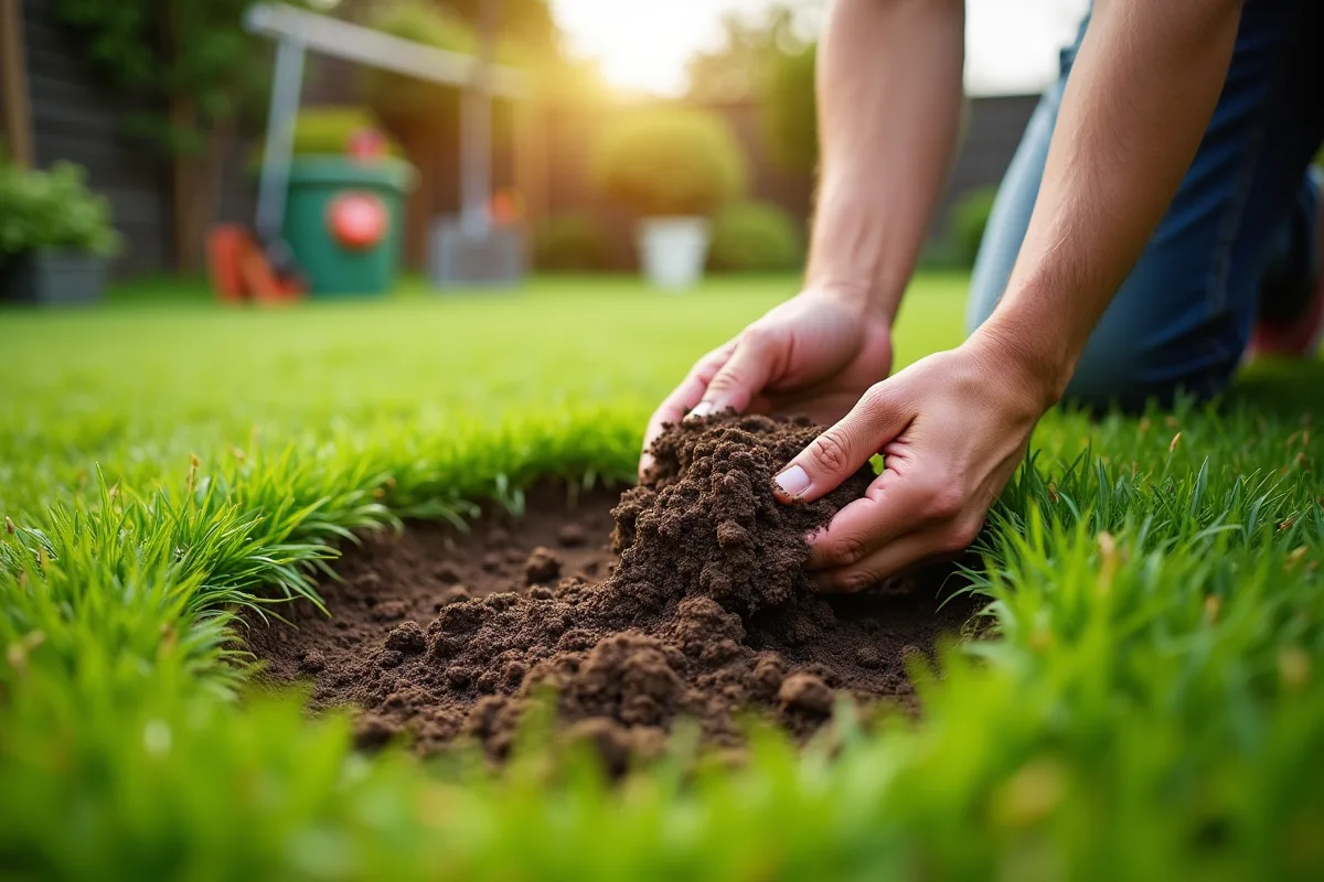 Main réparant une pelouse avec terre et gazon frais