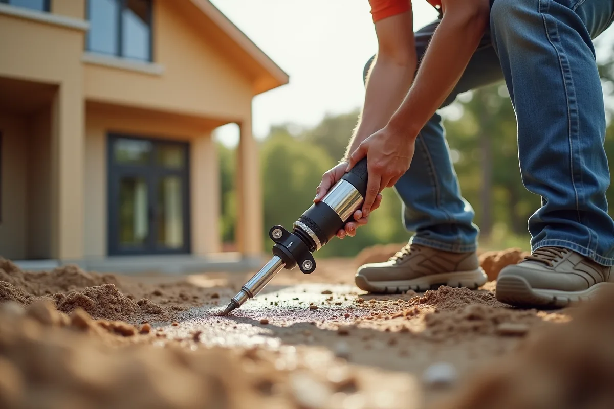 Ouvrier injectant de la résine dans une fondation de maison moderne