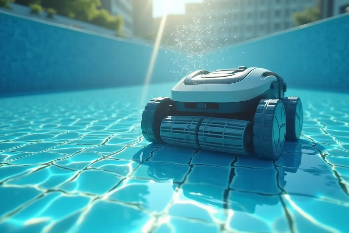 Nettoyeur robot piscine dans l'eau claire en extérieur