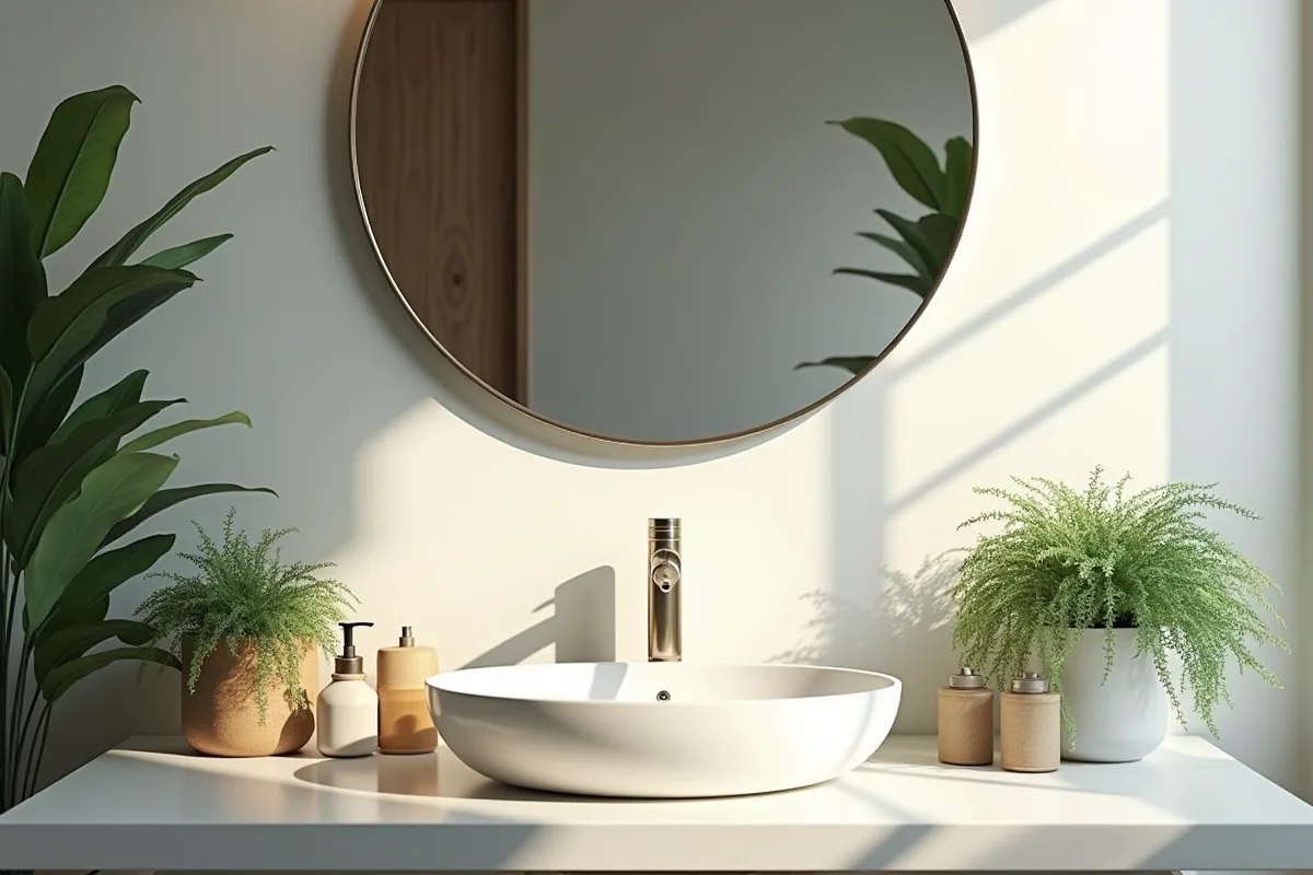 Salle de bain moderne avec miroir rond et plantes vertes