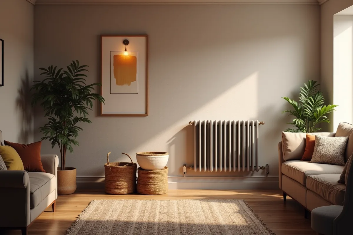 Salon moderne et cosy avec radiateur électrique mural