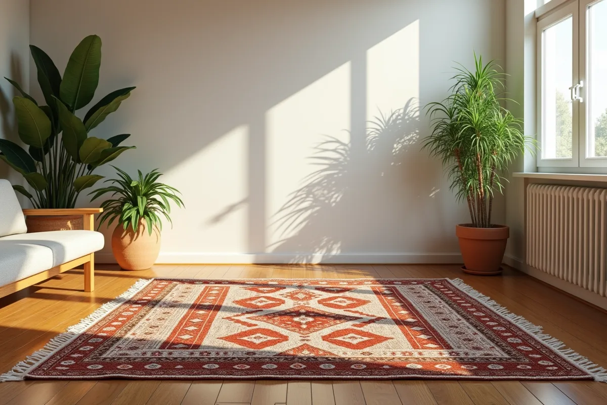 Salon lumineux avec tapis berbere aux motifs géométriques