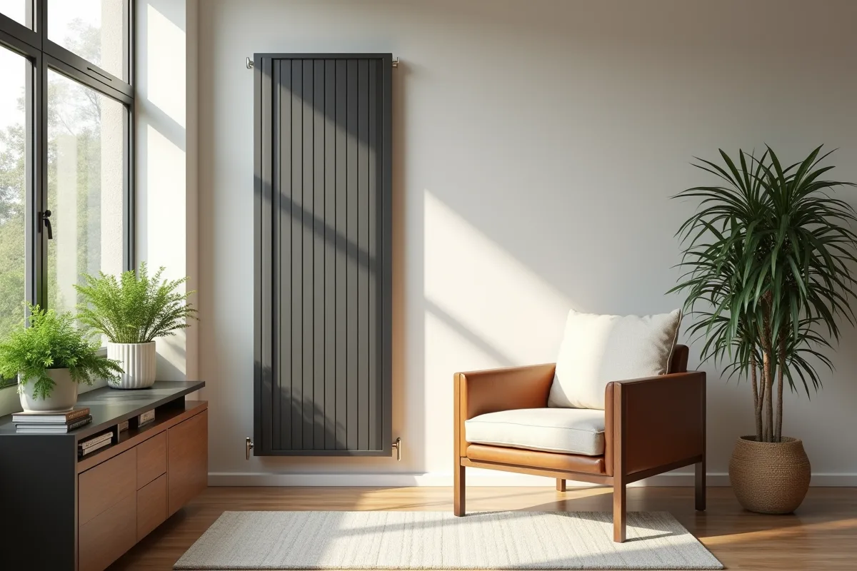 Salon moderne avec radiateur mural et fauteuil cosy