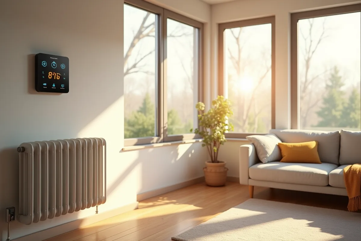 Salon moderne avec radiateur électrique et thermostat numérique