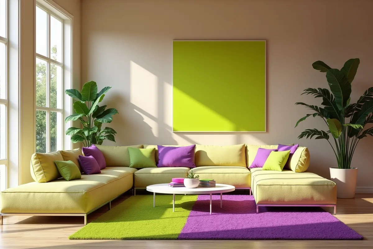 Salon moderne avec murs beiges et accents néon vert et violet