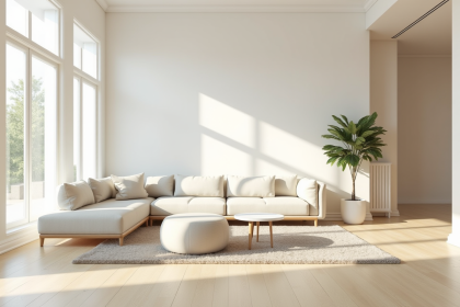 Salon moderne avec murs blancs et beige clair lumineux