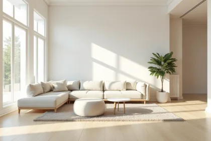 Salon moderne avec murs blancs et beige clair lumineux